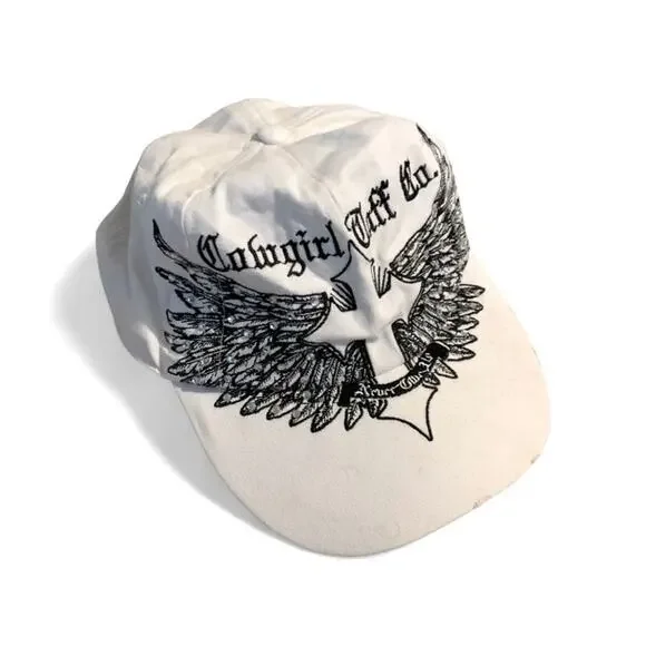 Cowgirl Tuff Y2K McBling Grunge White Embroidered Cross Wing Cap