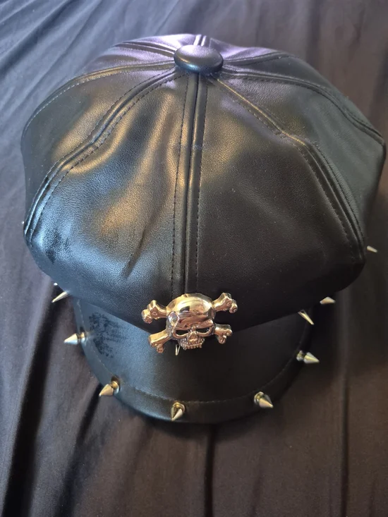 Black Faux Leather Spiked Cap with Skull Accent