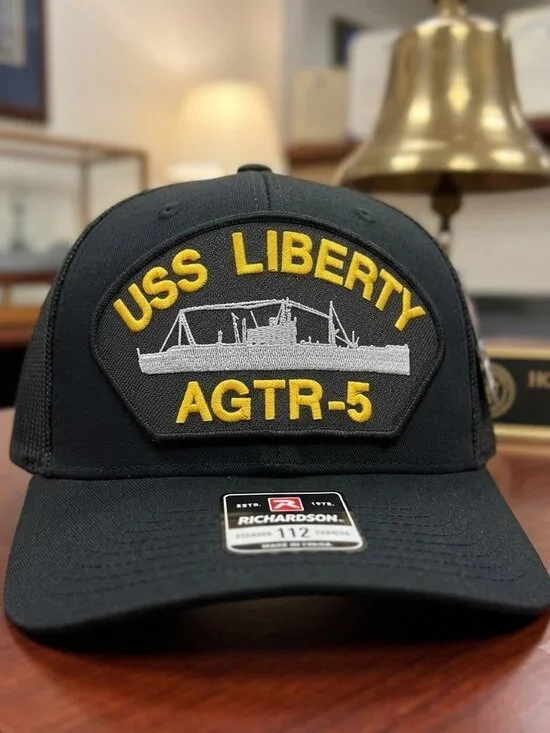 Retro USS Liberty AGTR-5 Navy Patch Hat Black Richardson 112 Trucker Snapback Ne