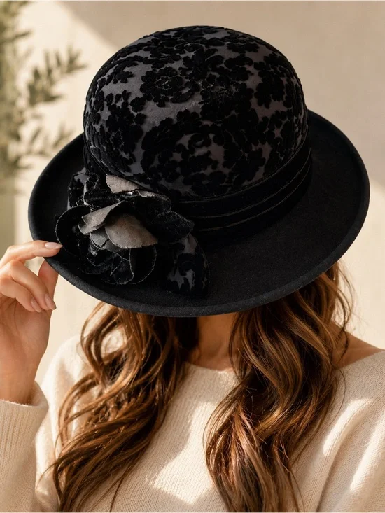 Vintage Toucan Collection Black Wool Floral Cloche Bowler Hat USA Made