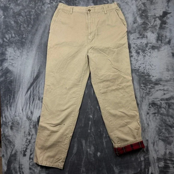 Woolrich Flannel Lined Chino Pants Mens 34x32 Khaki Good Plaid Insulated Cotton
