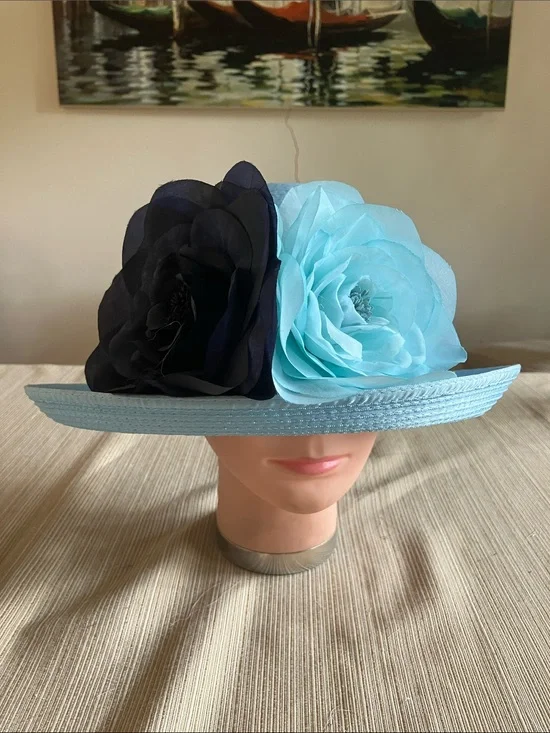 Light Blue Satin Ribbon Hat with Navy and Light Blue Floral and Beaded Band