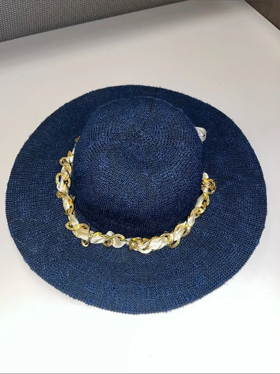 Marcus Adler Women’s Navy Straw like Wide-Brim Hat Gold Chain Trim