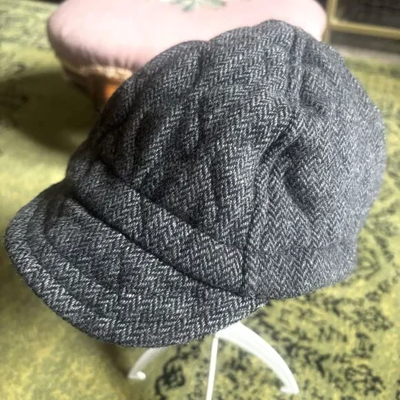 Vtg Y2k Sheila Moon Wool Cycling Cap Hat Knitted Herringbone Gray Satin Lined L