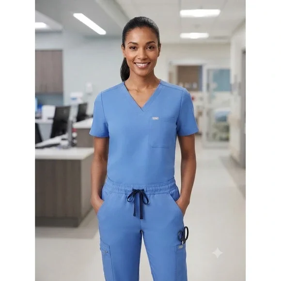 FIGS Technical Collection Scrub 2pcs Set Women's L Blue V-Neck Top Cargo Pants