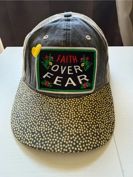 Faith Over Fear Trucker Patch Hat Cap Grey Yellow Accent Adjustable Mesh SnapBac