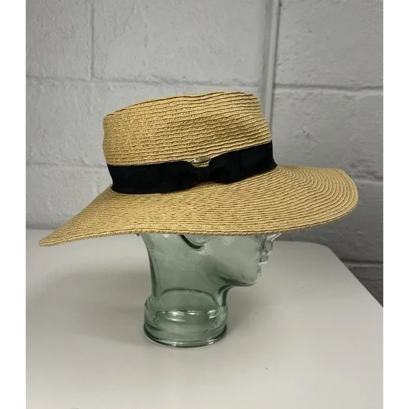 Scala Straw Diego Boater Hat Grosgrain Band Tan Black Sun Summer Packable Beach