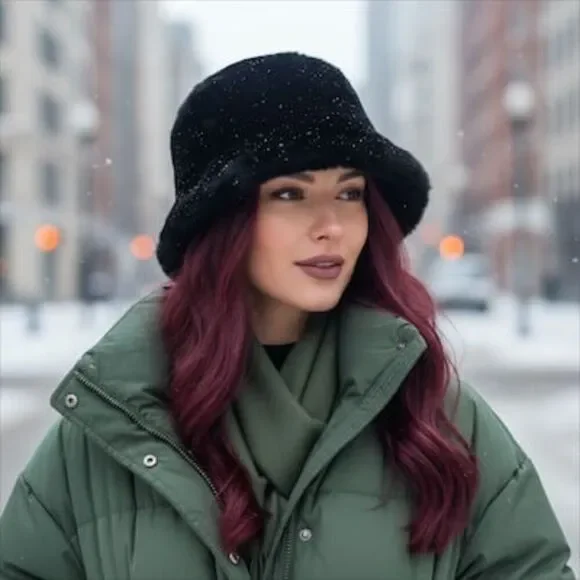 Women's Soft Faux Fur Winter Bucket Hat | Reversible 2-Way Style (Black) NWT