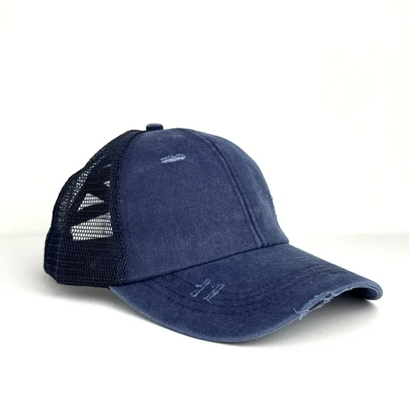 Women's‎ PonyTail Hat Blue Distressed Washed Denim Criss Cross Mesh Baseball Cap