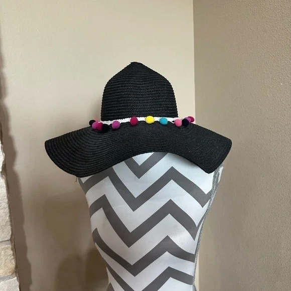 Women’s black Sun Hat with Multi-colored Pom poms, NWOT!