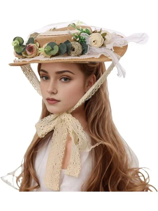 Elegant Victorian Tea Party Sun Hat with Bows & Florals - Flat Straw Style