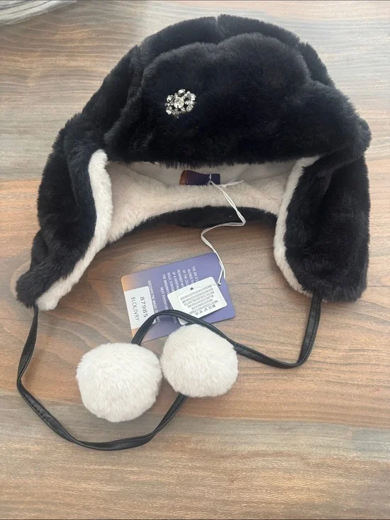 Women’s New Givannio Cha Cha house Faux Fur Earflap Hat with Pom Poms - Black