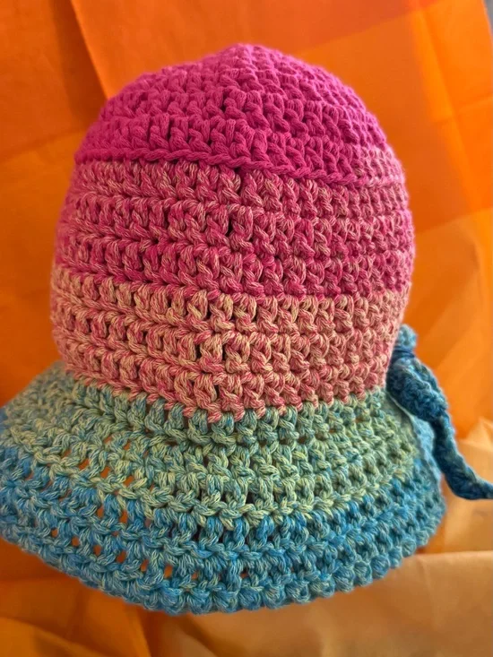 Hand-Crocheted Woman’s Sun Hat in Pink, Peach & Blue
