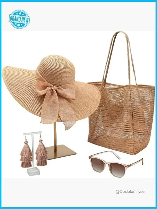 Bohemian Summer Accessories Set Straw Hat Mesh Tote Sunglasses Earrings