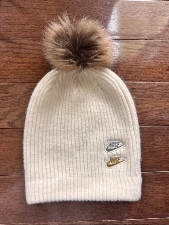 Nike Womens Cream Beanie with Brown Pom Pom and Embroidered Logos