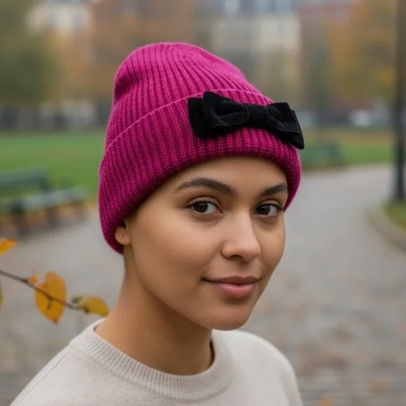 Kate Spade New York Pink Knit Beanie Velvet Bow Cuffed Winter Hat One Size