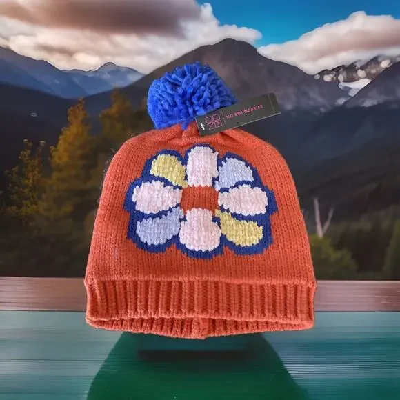 No Boundaries Orange Flower Beanie with Pom Pom Adult one size