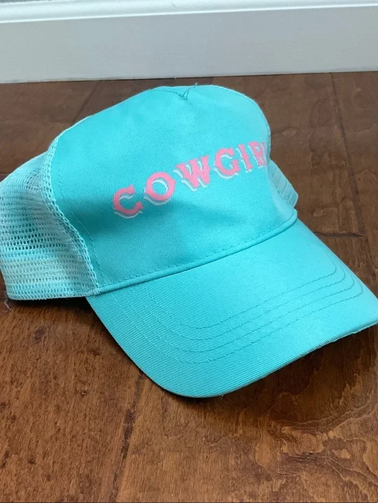 Cowgirl Trucker Hat - Aqua with Pink Logo NWT