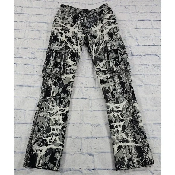 Rebel Vengeance Tapestry Cargo Pants Mens 28 Black White Tree Print Frayed Hem