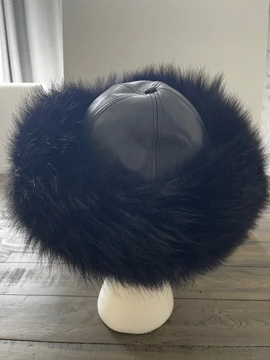 Vintage Black Fur Russian Cossack Hat Genuine Fur Leather Crown Winter Hat