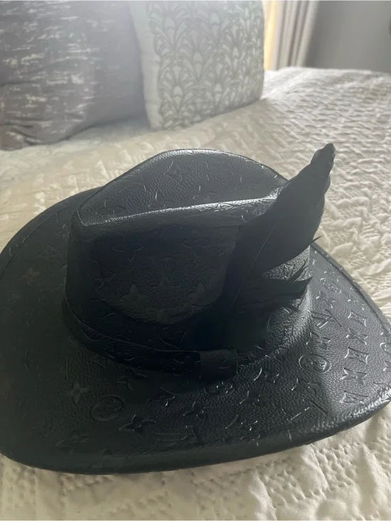 Louis Vuitton Black Monogram Embossed Feather Trim Hat