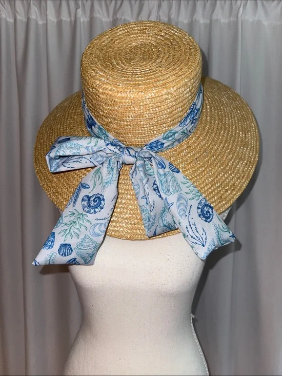 Straw Boater Hat with Blue Shell-Print Scarf