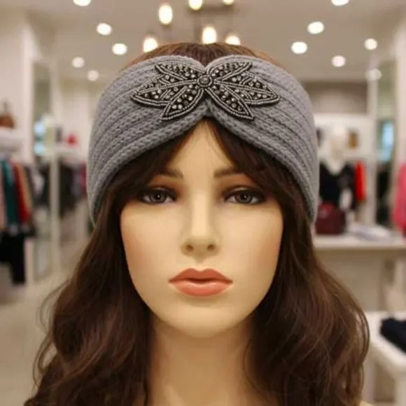 Ladies Grey Floral Headband - Ladies Gray Winter Flower Ear Warmer
