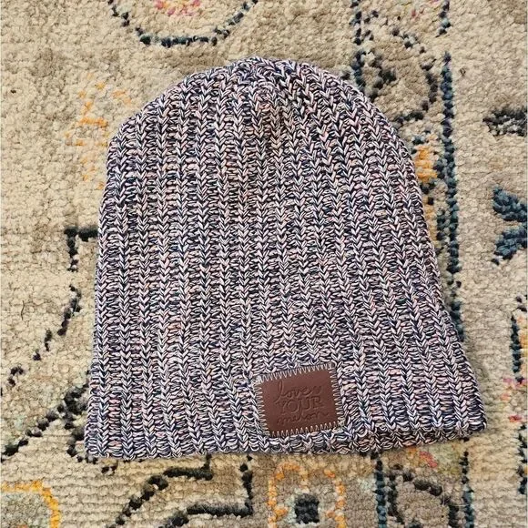 Love your melon beanie in pink/navy with brown leather patch