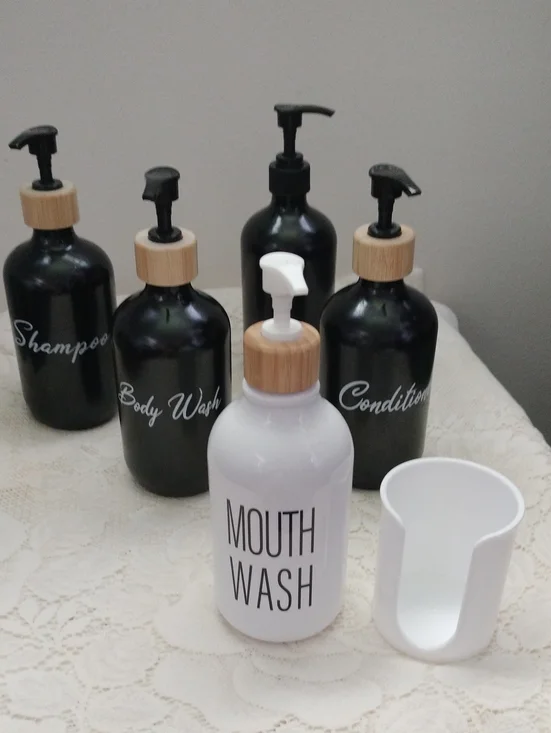 White Mouth Wash Dispenser / Black Plastic Bamboo Look Bath Bottles In Plastic