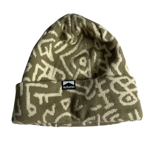 Autumn Soul Camo Knit Beanie Chinchilla Olive Green Abstract Print Hat One Size