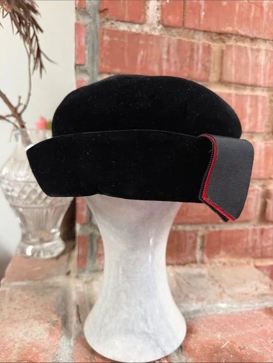 Vintage Black Velvet Pillbox Hat with Red-Trim Ribbon