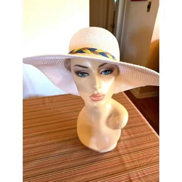 White Extra Wide Brim Floppy Hat Multicolor Hat Band 23