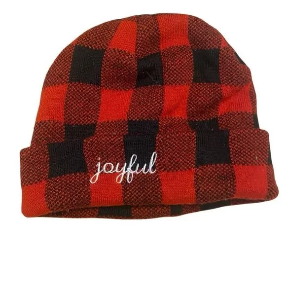David & Young joyful plaid beanie hat red black
