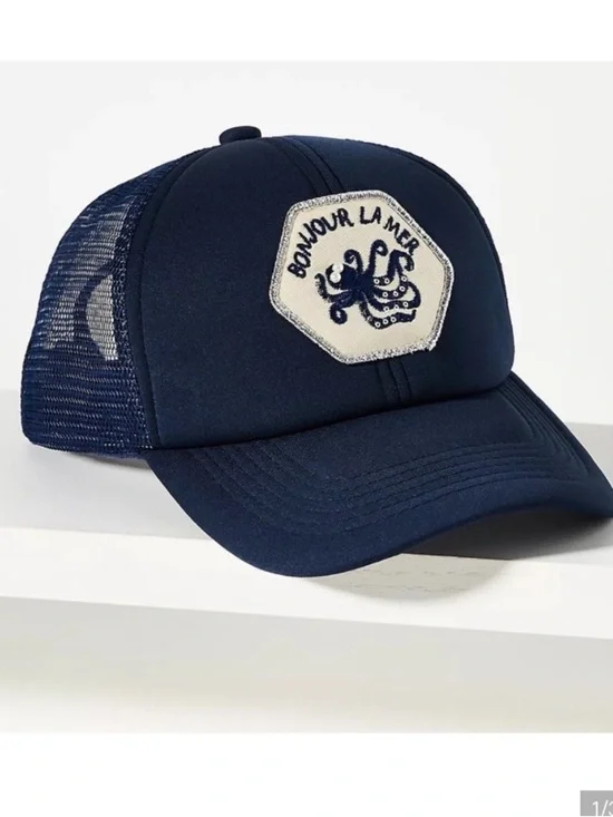 Anthropologie Bonjour La Mer Octopus Blue Trucker Hat New