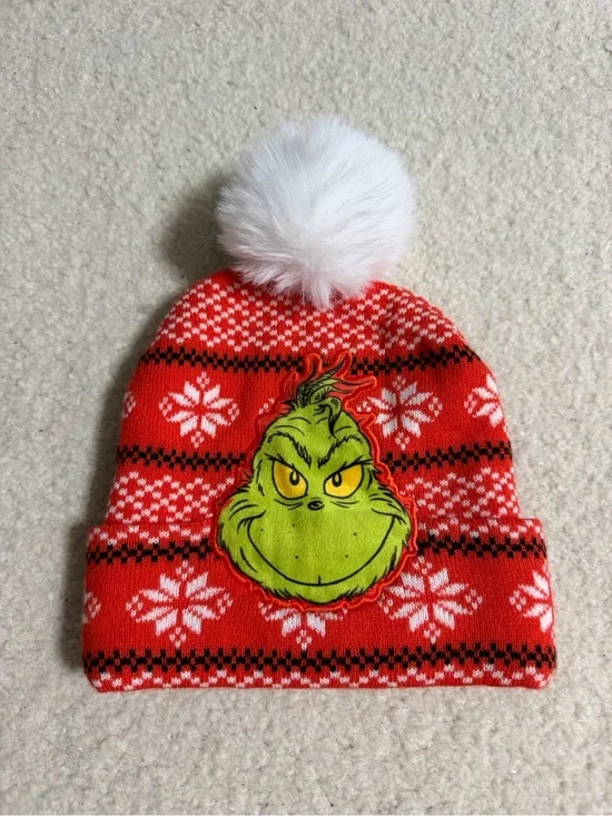 Christmas Xmas Holiday Beanie Hat with Grinch Patch and White Pom