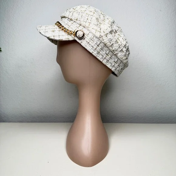 Unbranded Newsboy Cap Women Ivory Gold Tweed Chain Baker Boy Hat One Size