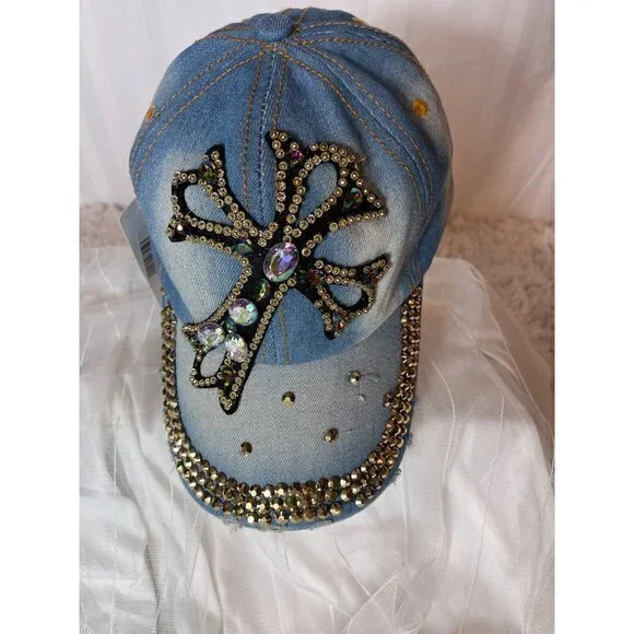 Distressed Denim Cross Rhinestone Bling Fashion‎ Cap