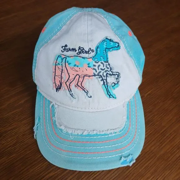 Farm Girl Brand Pink Teal Distressed Women's Baseball Cap Hat Size M/L