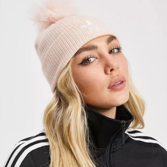 adidas | Women’s Light Pink Blush Faux Fur Pom Pom Beanie, One Size Fits Most
