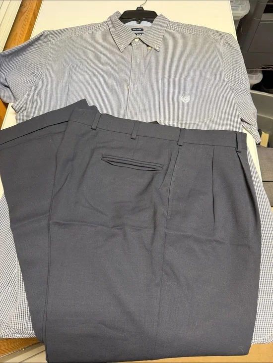 JosA.Bank Navy Dress  sz. 38 Pants with Navy Micro-Check Button-Down 2xL Shirt