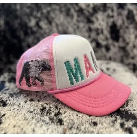 New SIMPLY SOUTHERN Sequin‎ Letter MAMA Bear Trucker Cap Hat Mesh Back Pink