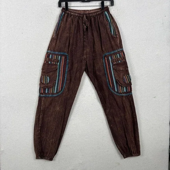 Ubranded Stonewashed Harem Pants Cotton Boho Cargo Medium Brown Tribal Woven