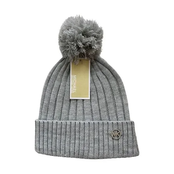 Michael Kors Light Gray Pom Pom Beanie Ribbed Knit Women's Hat NWT