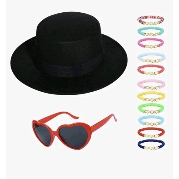 Black Fedora Hat Red Heart Sunglasses‎ Friendship Bracelets Adult Teen Costume