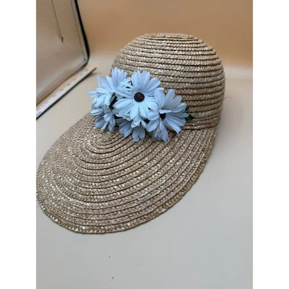 Beige Straw Wide-Brim Sun Hat‎ With Daisy Flowers Summer Beach Resort Cruise