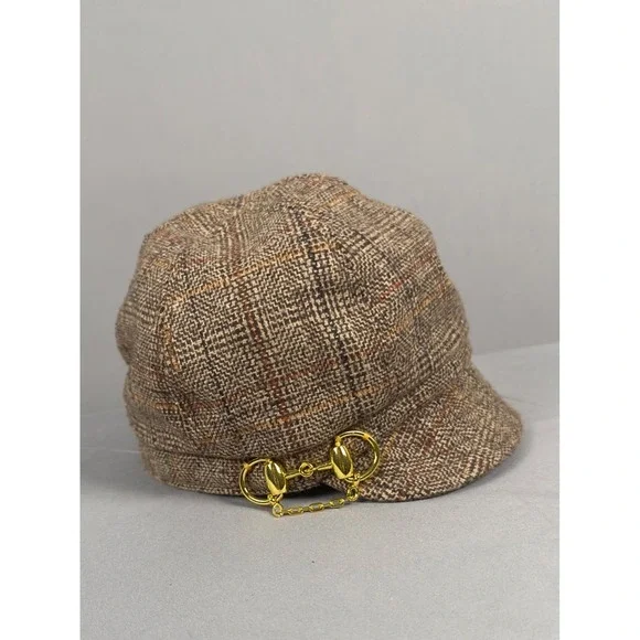 Old‎ County Road Brown Plaid Tweed Newsboy Cap Gold Horsebit Accent OS