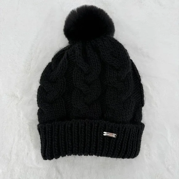 Steve‎ Madden Beanie Womens One Size Black Cable Knit Faux Fur Pom Fleece Lined