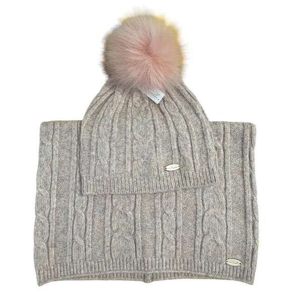 Simply‎ Noelle Womens Cable Knit Pom Beanie Hat and Cowl Scarf Set Blush NEW
