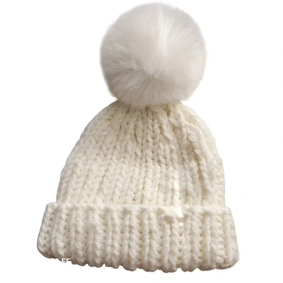 Free People Beanie‎ Women OS White Chunky Knit Faux Fur Pom Pom Hat⁹