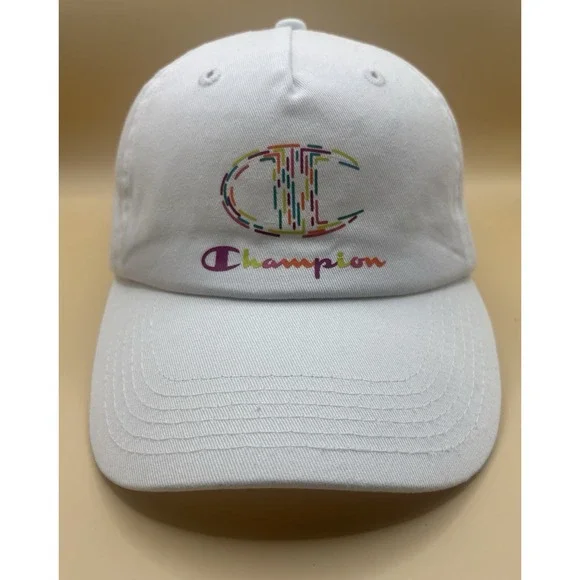 Champion‎ Womens OS Twill Baseball Cap White Rainbow Script Logo
